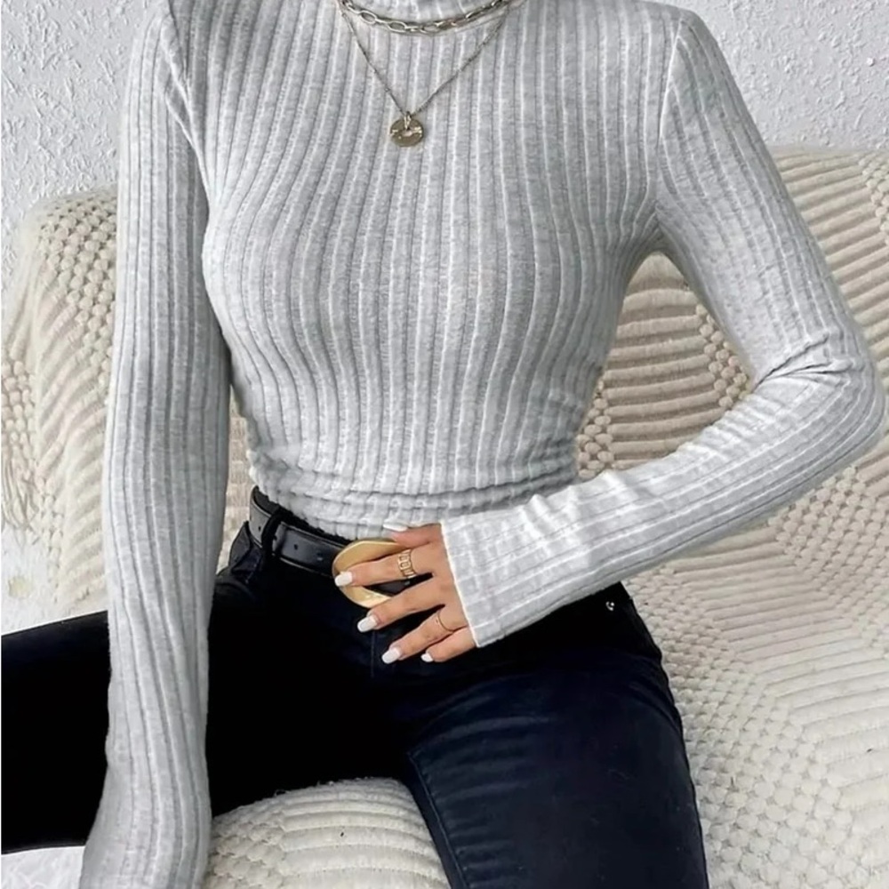Sundance Women’s Large Gray Ribbed Long Sleeve Turtleneck Organic Cotton Blend